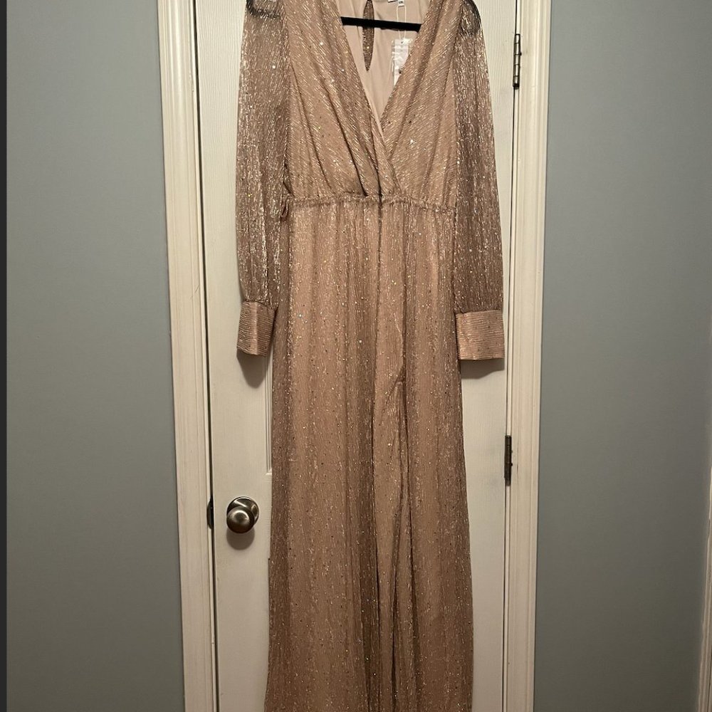 Long sleeve, floor length champagne dress with Sequins